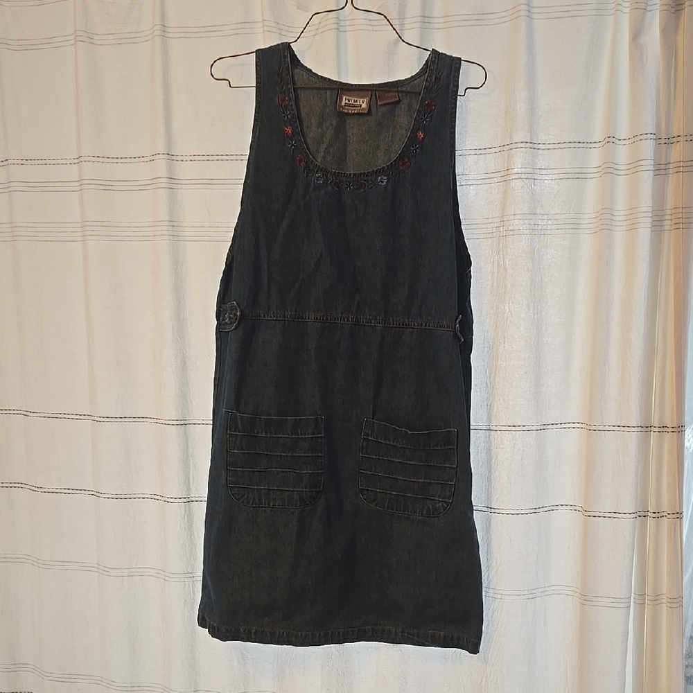 Women's Vintage Medium Jean Jumper Dress with Embroidered Details Like New